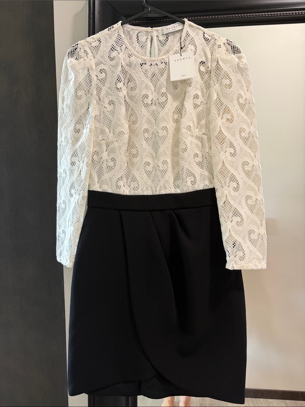 Sandro Two-Tone Lace Mini Dress in White and Black